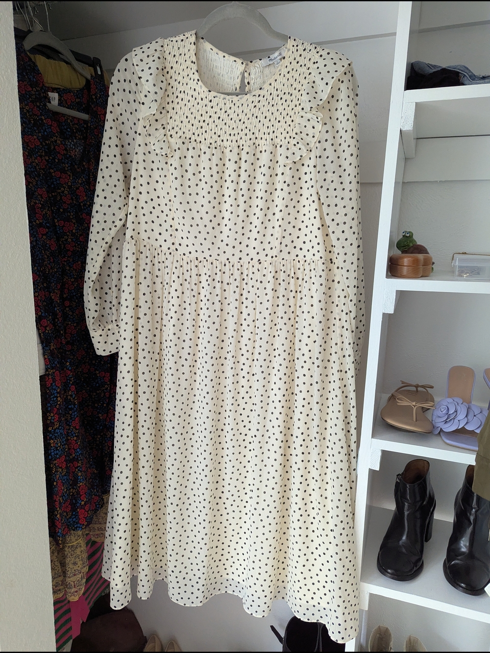 Madewell Cream Polka Dot Ruffle Yoke Midi Dress S